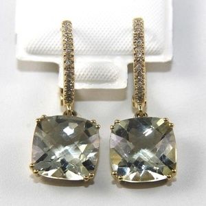 Green Amethyst & Diamond Earrings 14K YG 7.30C